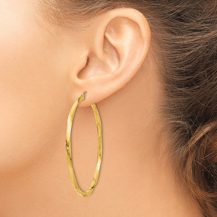 14K Solid Yellow Gold 3mm Twisted Round Extra Large Hoop Earrings