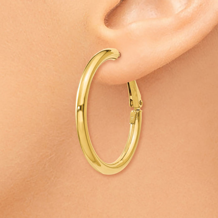 14K Solid Yellow Gold Round Omega Clip Back Post Medium Hoop Earrings