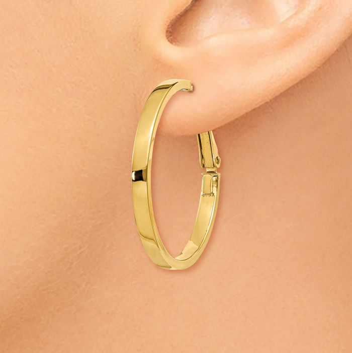 14K Solid Yellow Gold Square Tube Round Medium Hoop Earrings