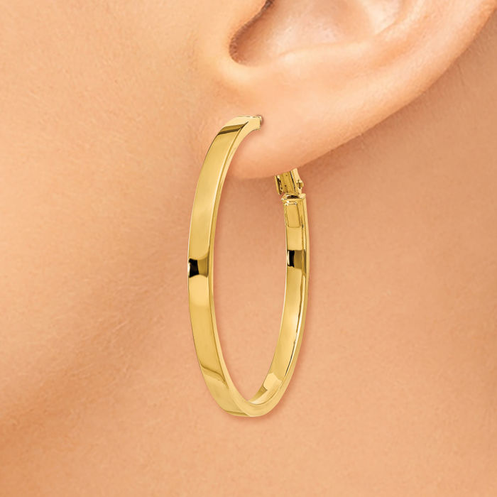 14K Solid Yellow Gold Square Tube Round Hoop Earrings