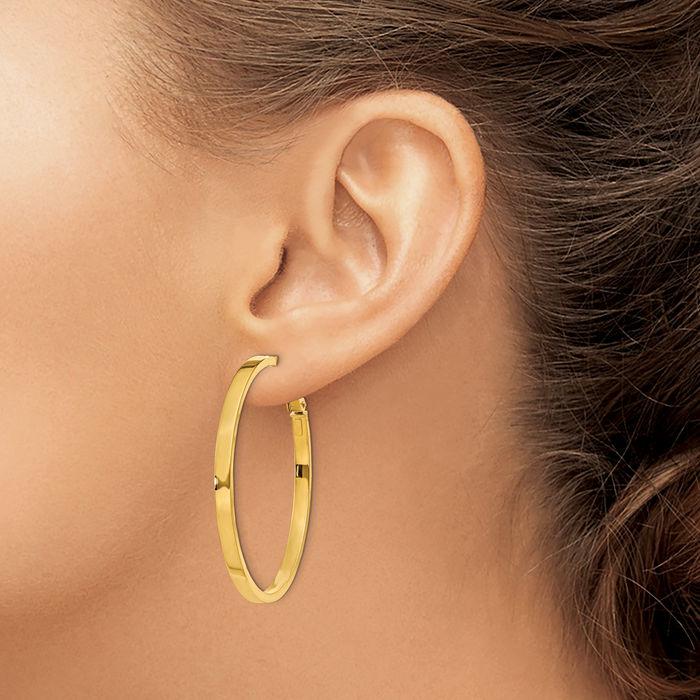 14K Solid Yellow Gold Square Tube Round Large Hoop Earrings