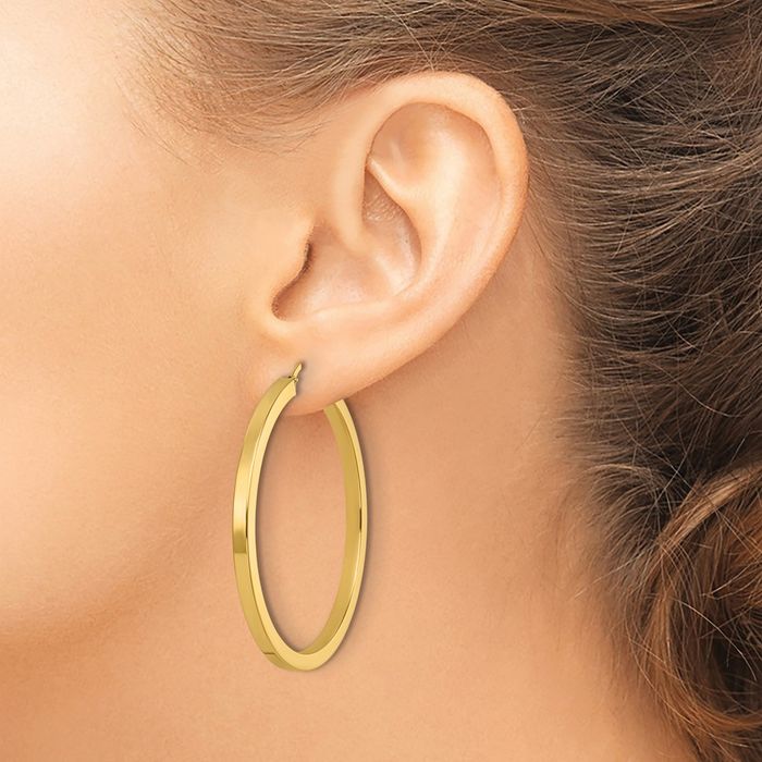 14K Solid Yellow Gold Square Tube Round Large Hoop Earrings