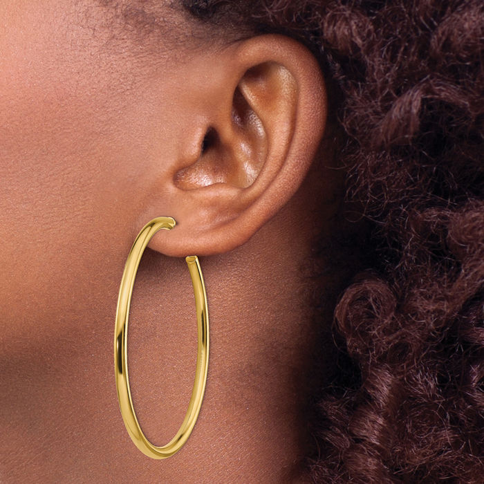 14K Solid Yellow Gold Round Omega Clip Back Post Large Hoop Earrings