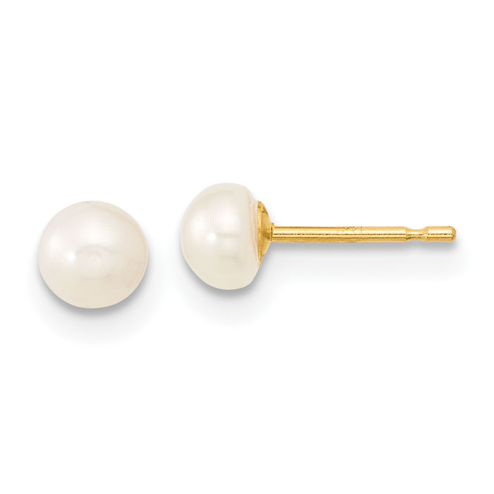 14K Solid Yellow Gold 4mm White Freshwater Cultured Pearl Necklace Chain Pendant Charm Bracelet Stud Earrings Set