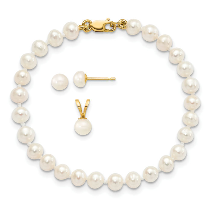 14K Solid Yellow Gold 4mm White Freshwater Cultured Pearl Necklace Chain Pendant Charm Bracelet Stud Earrings Set