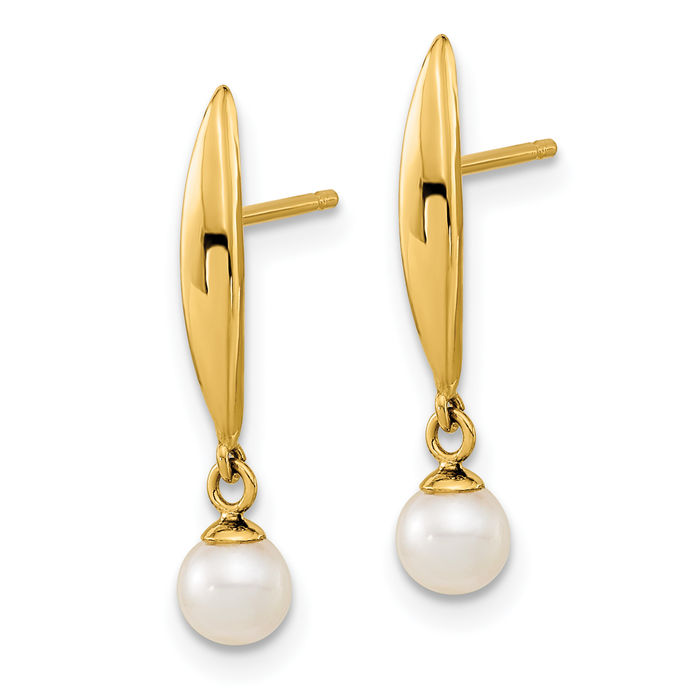 14K Solid Yellow Gold 4mm Freshwater Cultured Pearl Line Bar Drop Dangle Earrings