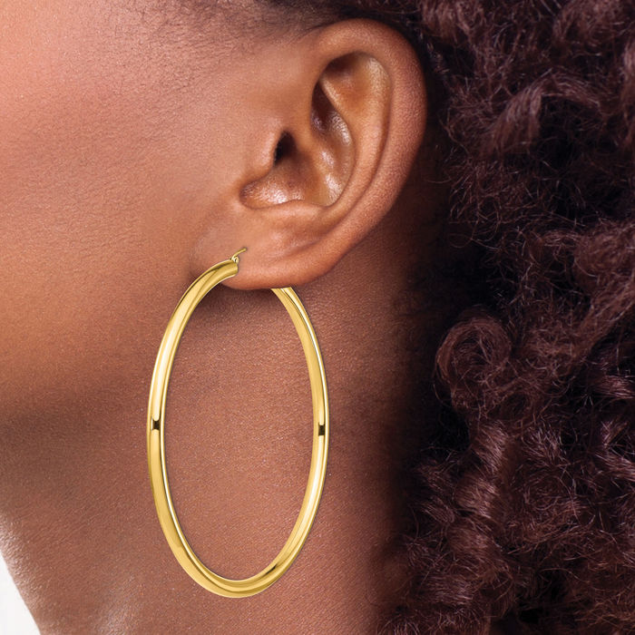 14K Solid Yellow Gold 4x80mm Round Tube Extra Large Hoop Earrings