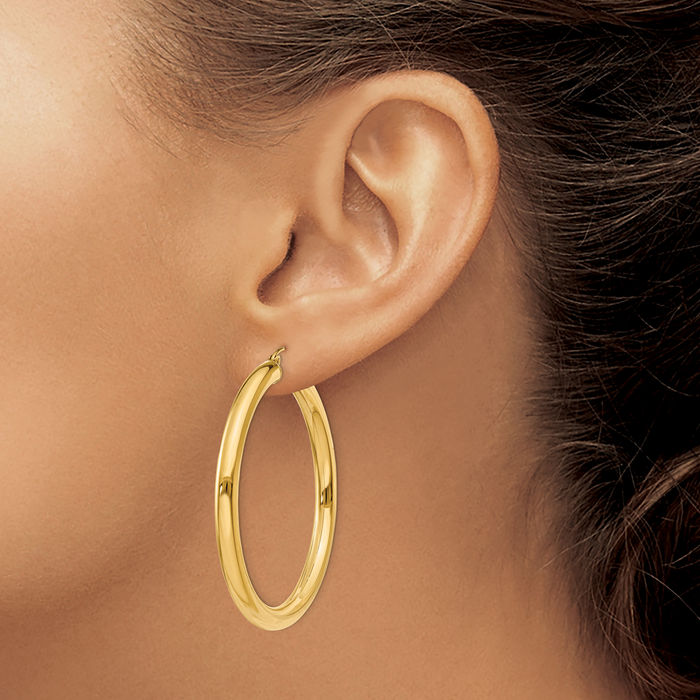 14K Solid Yellow Gold 4mm Tube Round Large Hoop Earrings