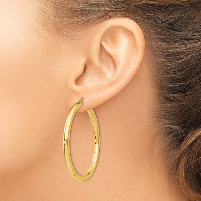14K Solid Yellow Gold 4mm Tube Round Large Hoop Earrings