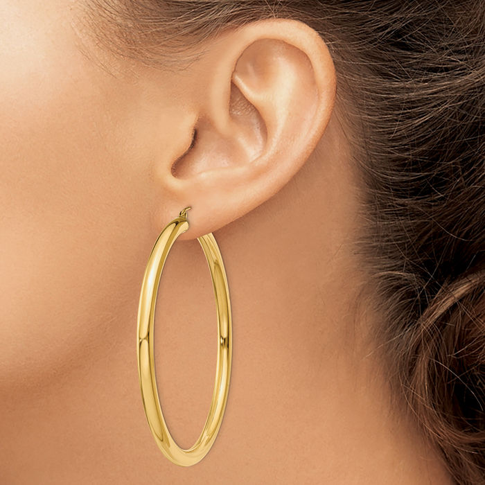 14K Solid Yellow Gold 4mm Tube Round Large Hoop Earrings