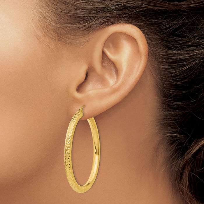 14K Solid Yellow Gold 4mm Round Large Hoop Earrings