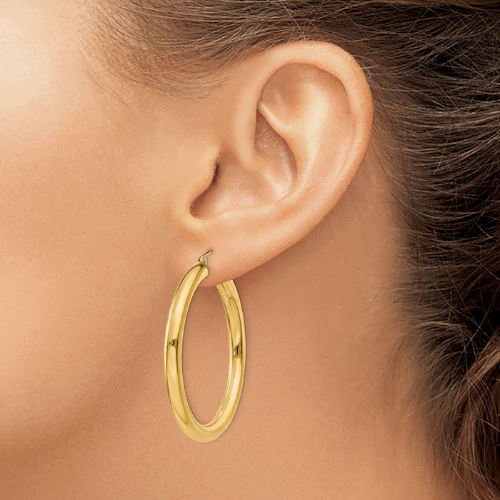 14K Solid Yellow Gold 4mm Tube Round Large Hoop Earrings