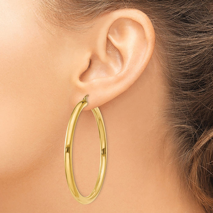 14K Solid Yellow Gold 4mm Tube Round Extra Large Hoop Earrings