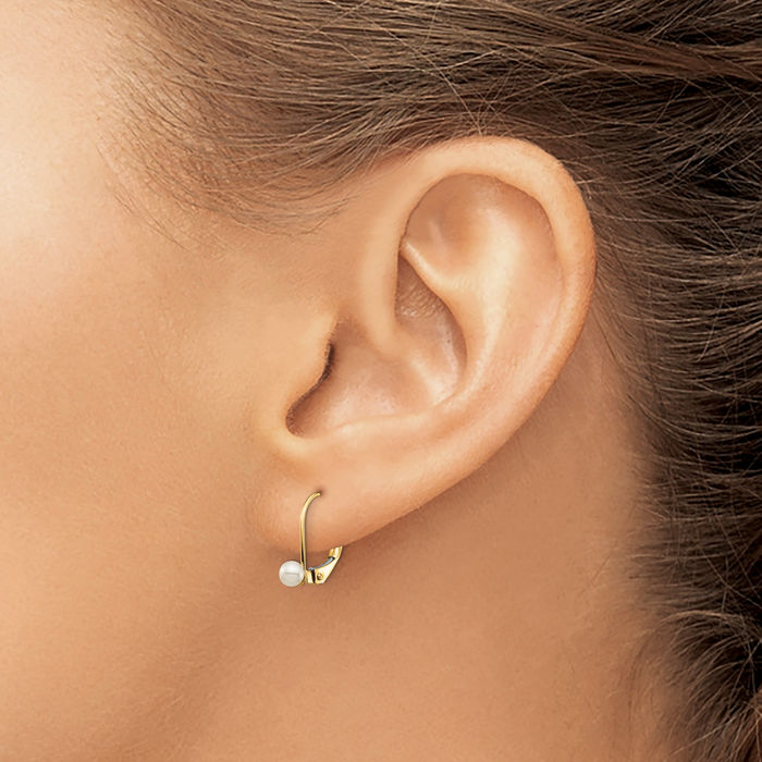 14K Solid Yellow Gold 3mm White Round Freshwater Cultured Pearl Drop Dangle Earrings