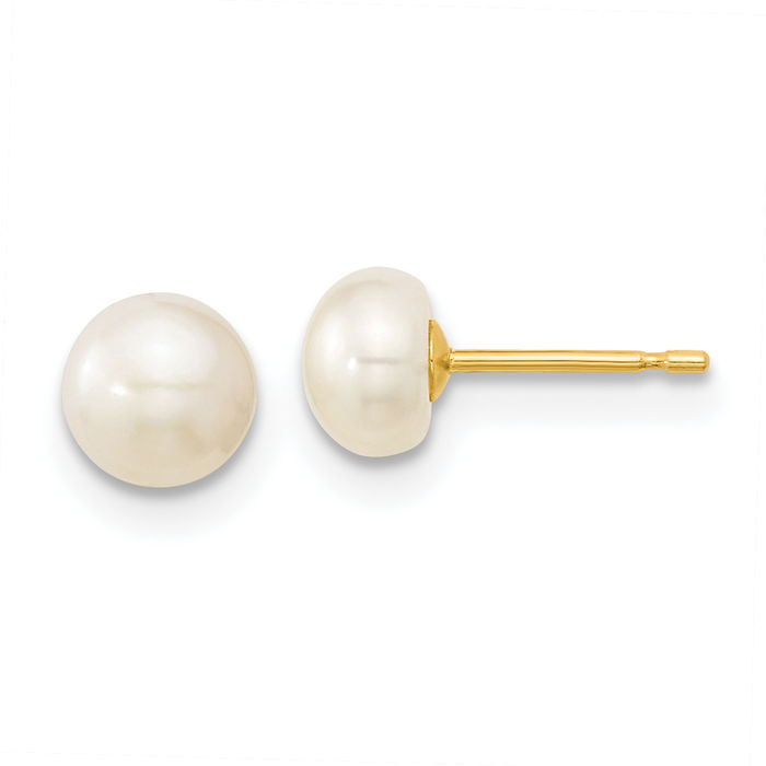 14K Solid Yellow Gold 5mm White Freshwater Cultured Pearl Bracelet Necklace Stud Earrings Set