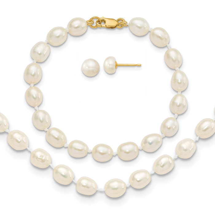 14K Solid Yellow Gold 5mm White Freshwater Cultured Pearl Bracelet Necklace Stud Earrings Set