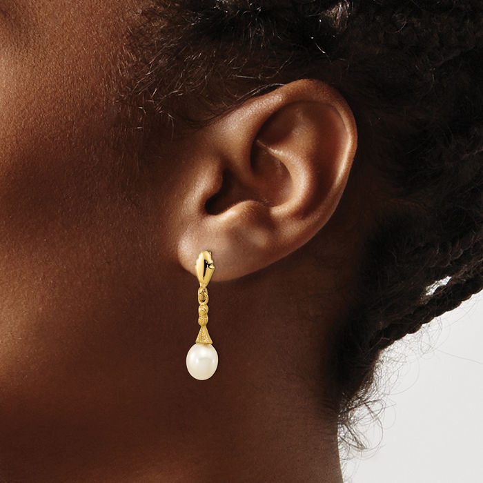 14K Solid Yellow Gold 5mm White Teardrop Freshwater Cultured Pearl Post Drop Dangle Earrings