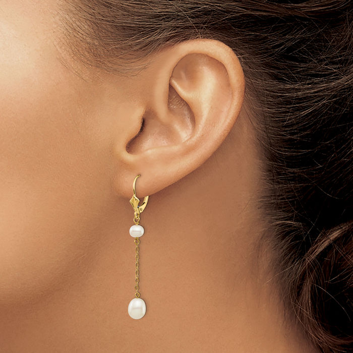 14K Solid Yellow Gold 5 7mm White Rice Round Freshwater Cultured Pearl Drop Dangle Earrings Gemstone