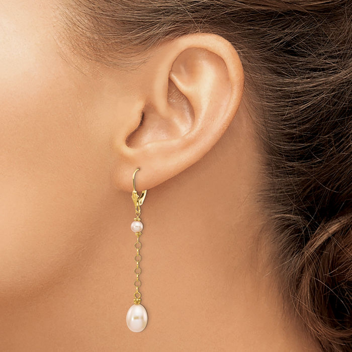 14K Solid Yellow Gold 5 8mm Pink Rice Round Freshwater Cultured Pearl Drop Dangle Earrings