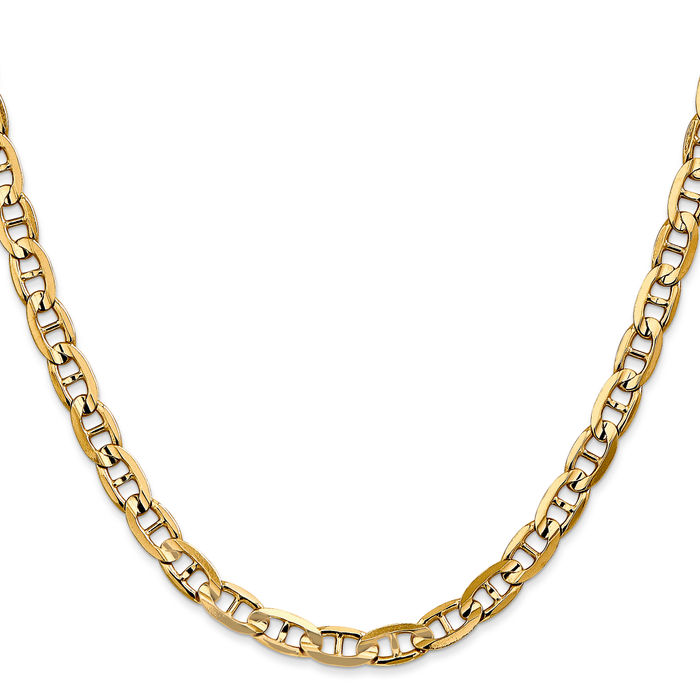 14K Solid Yellow Gold 5.25mm Concave Anchor Mariner Link Chain Necklace