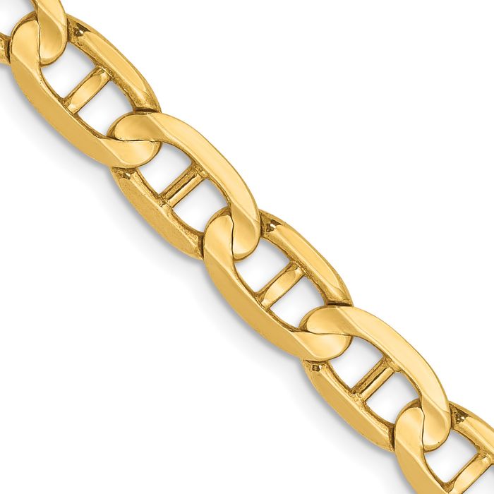 14K Solid Yellow Gold 5.25mm Concave Anchor Mariner Link Chain Necklace