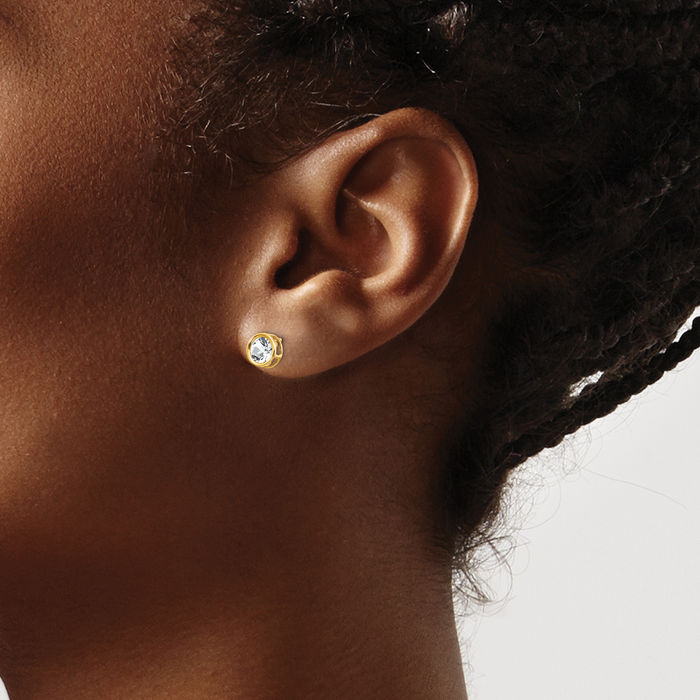 14K Solid Yellow Gold 5mm White Topaz Studs Gemstone Solitaire Earrings April Birthstone Jewelry