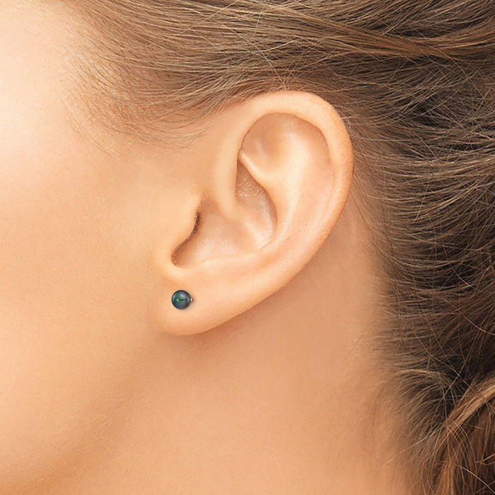 14K Solid Yellow Gold 4mm Black Round Freshwater Cultured Pearl Stud Earrings