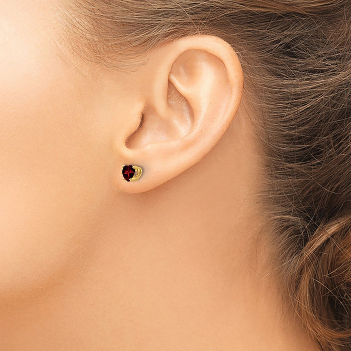 14K Solid Yellow Gold 5mm Heart Red Garnet Studs Gemstone Earrings January Birthstone Jewelry