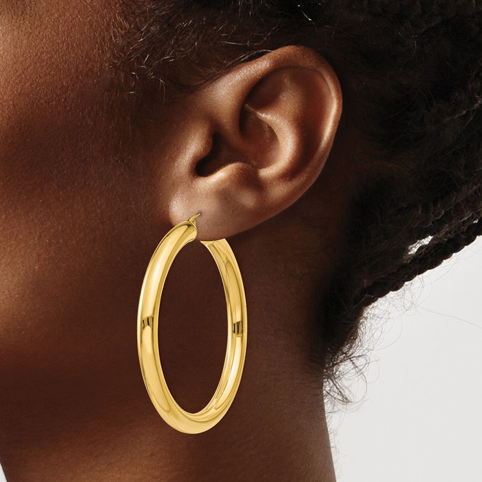 14K Solid Yellow Gold 5mm Round Large Hoop Earrings