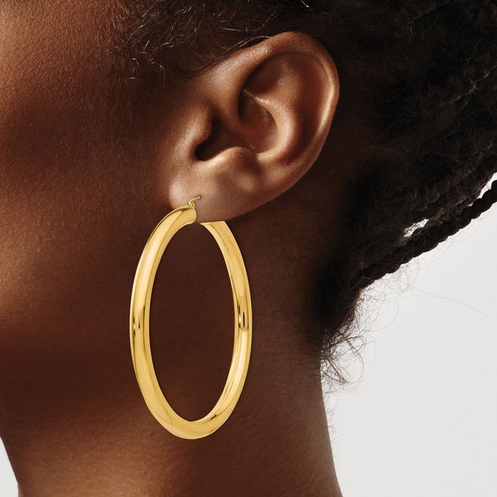 14K Solid Yellow Gold 5mm Round Large Hoop Earrings