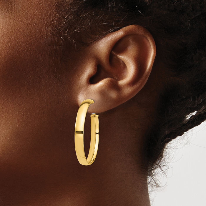 14K Solid Yellow Gold 5mm Omega Clip Back Post Round Medium Hoop Earrings