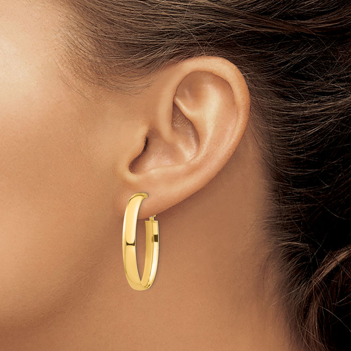 14K Solid Yellow Gold 5mm Oval Omega Clip Back Post Medium Hoop Earrings