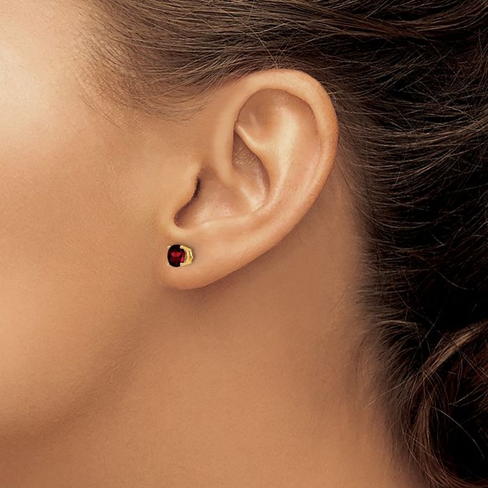 14K Solid Yellow Gold 5mm Red Garnet Studs Gemstone Solitaire Earrings January Birthstone Jewelry