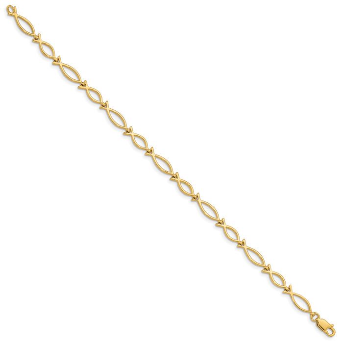 14K Solid Yellow Gold 5mm Religious Icthus Ichthus Fish Symbol Chain Charm Bracelet