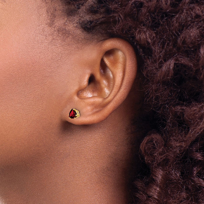 14K Solid Yellow Gold 5mm Trillion Red Garnet Studs Gemstone Solitaire Earrings January Birthstone Jewelry