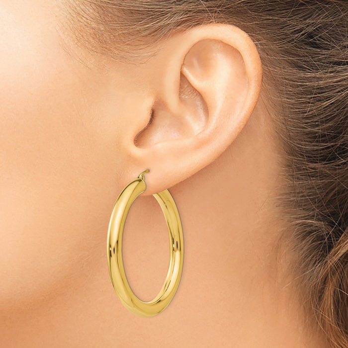 14K Solid Yellow Gold 5mm Tube Round Large Hoop Earrings