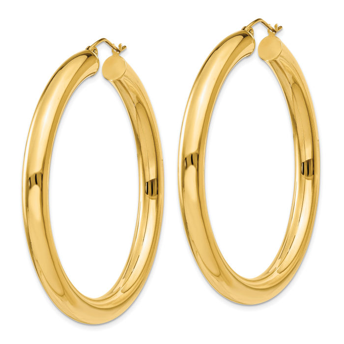 14K Solid Yellow Gold 5mm Tube Round Large Hoop Earrings