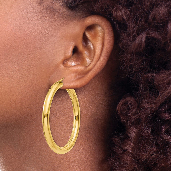 14K Solid Yellow Gold 5mm Tube Round Large Hoop Earrings