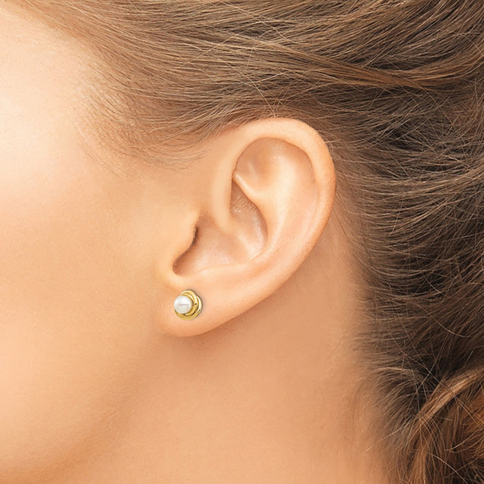 14K Solid Yellow Gold 4mm White Button Freshwater Cultured Pearl Stud Earrings Silicone Backs