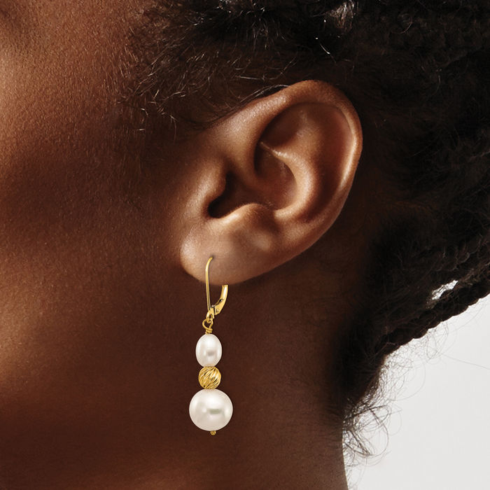 14K Solid Two Tone Yellow White Gold Round Rice Freshwater Cultured Pearland Beaded Drop Dangle Earrings Gemstone