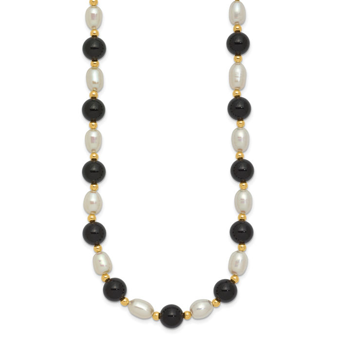 14K Solid Yellow Gold 6mm White Rice Freshwater Cultured Pearl Black Onyx Bead Chain Necklace Gemstone Pendant Charm