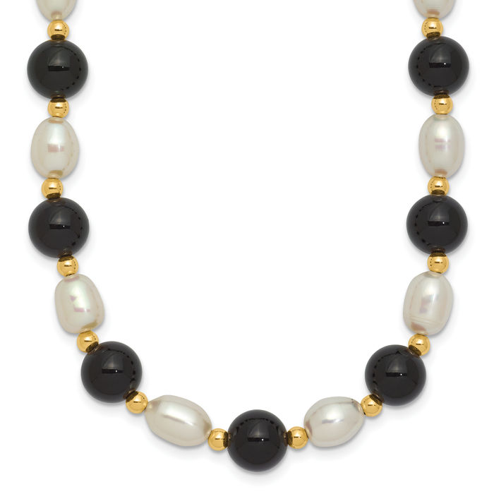 14K Solid Yellow Gold 6mm White Rice Freshwater Cultured Pearl Black Onyx Bead Chain Necklace Gemstone Pendant Charm