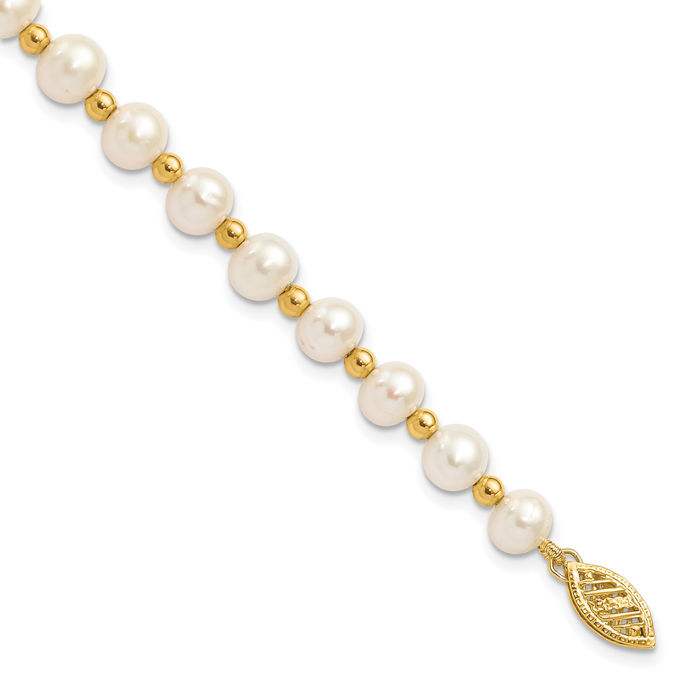 14K Solid Yellow Gold 6mm White Near Round Freshwater Cultured Pearl Beaded Ball Chain Bracelet