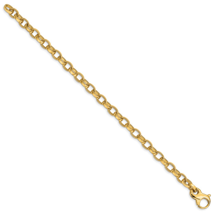 14K Solid Yellow Gold 6.2mm Ridged Edge Link Chain Bracelet