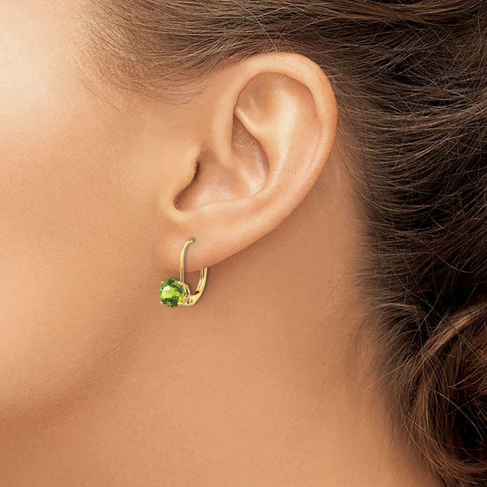 14K Solid Yellow Gold 6mm Green Peridot Drop Dangle Earrings Gemstone