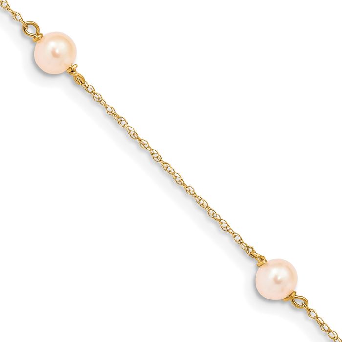 14K Solid Yellow Gold 5mm Pink Near Round Freshwater Cultured Pearl 3 Station Chain Bracelet