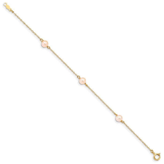 14K Solid Yellow Gold 5mm Pink Near Round Freshwater Cultured Pearl 3 Station Chain Bracelet