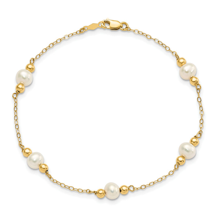 14K Solid Yellow Gold 5mm White Round Freshwater Cultured Pearl Ball 5 Statio... - Picture 9 of 12