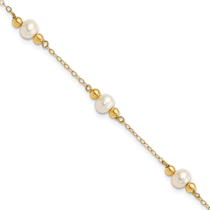 14K Solid Yellow Gold 5mm White Near Round Freshwater Cultured Pearl Beaded Ball 5 Station Chain Bracelet