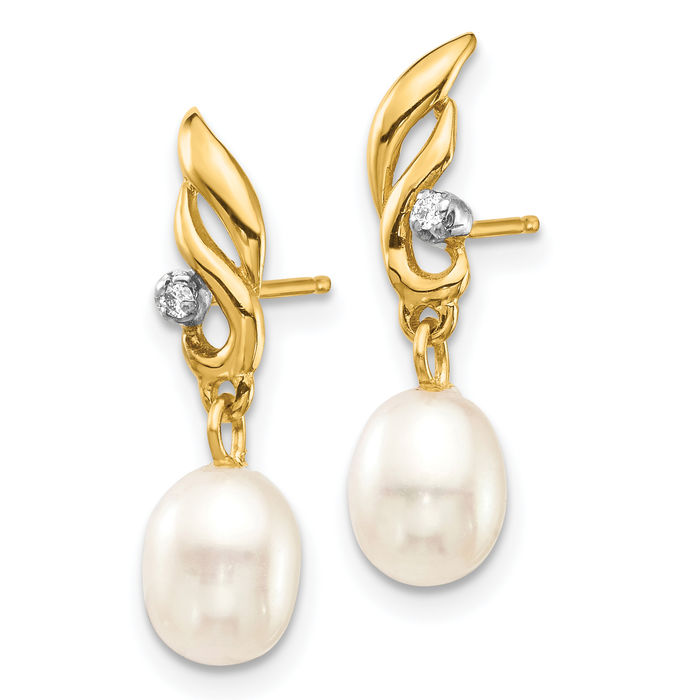 14K Solid Yellow Gold 5mm White Rice Freshwater Cultured Pearl Diamond Post Drop Dangle Earrings